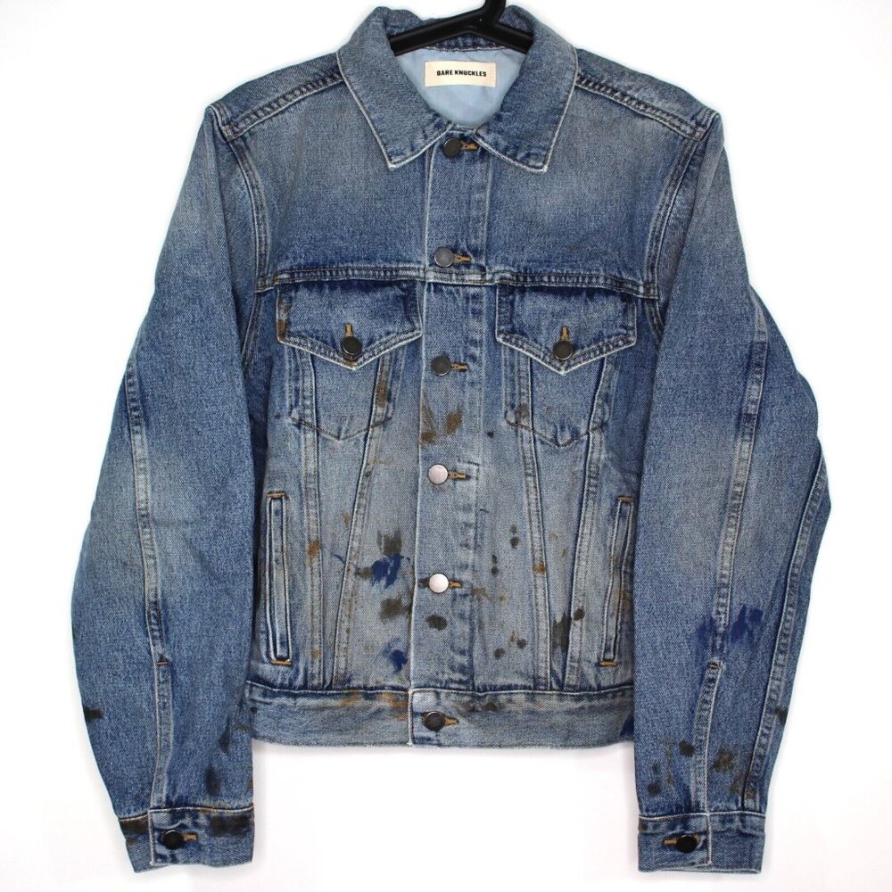 Bare Knuckles Mens Small Paint Splatter Denim Trucker Cropped Jacket NEW R1660